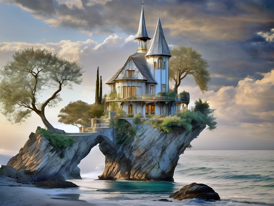A white house with towers with grey conical roofs, built on a dramatic rock formation with lush greenery and several trees, in  shallow surf at the edge of the ocean, against a partly cloudy summer sky.