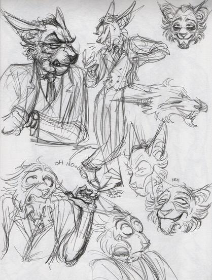a sketch page featuring two (though they are hard to distinguish from one another as they are twins) anthro cat characters (Darius & Alexander, he/him, 60's) dressed in 1930's apparel. in one sketch, Alexander (more distinguished-looking, his suit appears more 1920's style) reaches into his inner suit pocket with great annoyance. in another, Darius (more rakish and unkempt, has forgone his suit jacket for just a waistcoat and shirtsleeves) throws his hands up in mock-distress, grimacing and rolling his eyes.