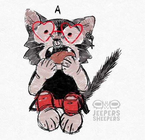A crayon esque doodle of a lykoi cat in heart glasses covering its mouth in a scream with the word “A” above it. Its tail is puffed out.