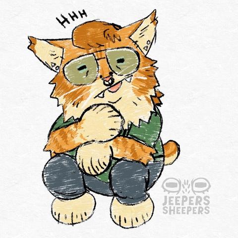 A crayon esque drawing of a orange tabby maine coon with a nubbed tail and glasses looking tired with its tongue out. Above it is “hhh.”