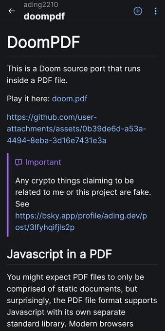 screenshot of a webpage or document about "DoomPDF". The text explains that DoomPDF is a Doom source port that runs inside a PDF file. It provides a link to play it: doom.pdf, and a link to the github page. There is also a warning in a purple box stating that any crypto things claiming to be related to the project are fake, with a link to a bluesky profile. The text continues to explain that the PDF file format supports Javascript with its own separate standard library.