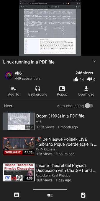 Youtube video on a phone, titled "Linux running in a PDF file" by vk6 with 449 subscribers and 246 views, with 14 likes. The video is displaying code inside of a pdf file. The next videos in queue are "Doom (1993) in a PDF file"