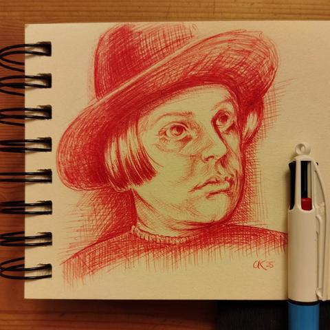 Schulterportrait von Elfriede Lohse-Wächtler. Sie trägt einen Hut und schaut nach rechts oben. Roter Kugelschreiber im kleinen Ringbuch.