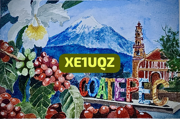 Another colorful QSL card for XE1UQZ. This one includes flowers and berries framing the local architecture and the place-name looking like a park fixture. This card features a mountain in the background instead of a giant moon.