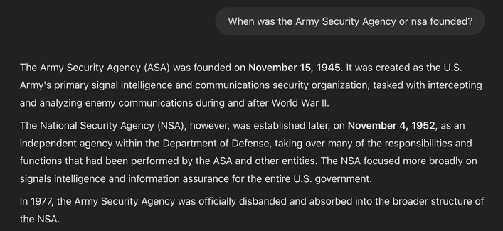Brief timeline of the Army Security Agency and what would later become the NSA in 1952.