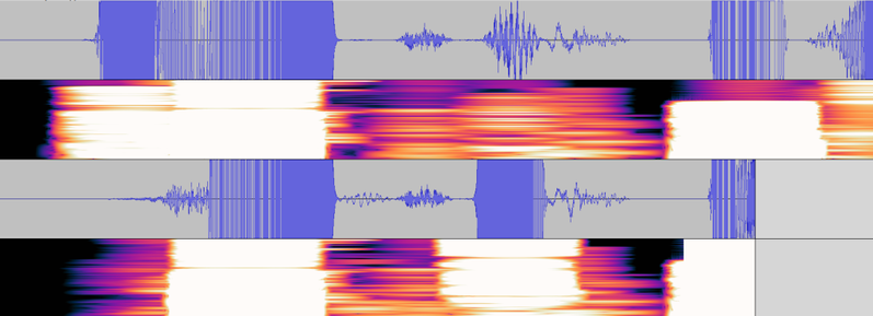 Image showing a hugely glitched file in Audacity. The waveforms should largely be the same in both stereo channels but they are not.