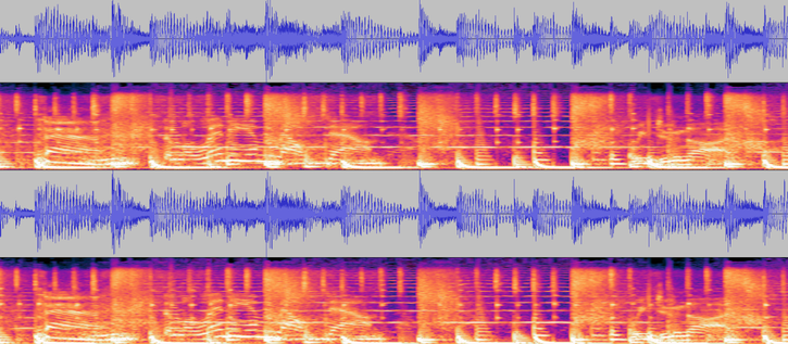 A snippet of audio as shown in Audacity. The image shows the audio's waveform and spectograph.