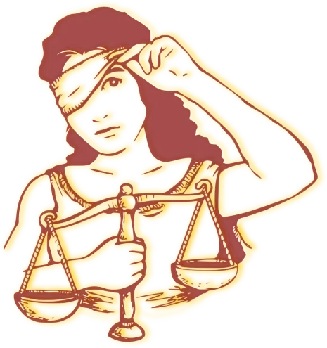 Justicia, Personifikation für Gerechtigkeit, schaut unter ihrer Augenbinde hervor.