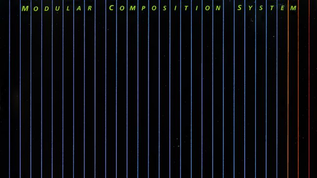 Upper part of the cover with on a black background vertical blue lines finishing red on the right side, and between each line in green small caps in Frutiger Italic reading "Modular Composition System"