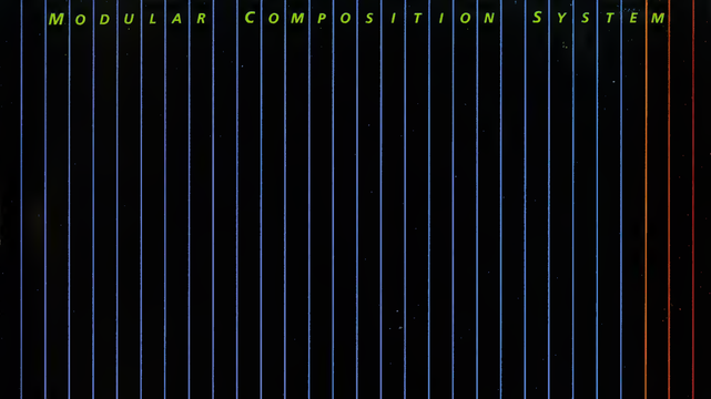Upper part of the cover with on a black background vertical blue lines finishing red on the right side, and between each line in green small caps in Frutiger Italic reading "Modular Composition System"