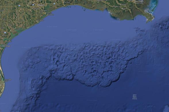 Fondo marino del Golfo de México, mostrando "salt canopies". La etiqueta dice "Gulf of Mexico (Gulf of America)