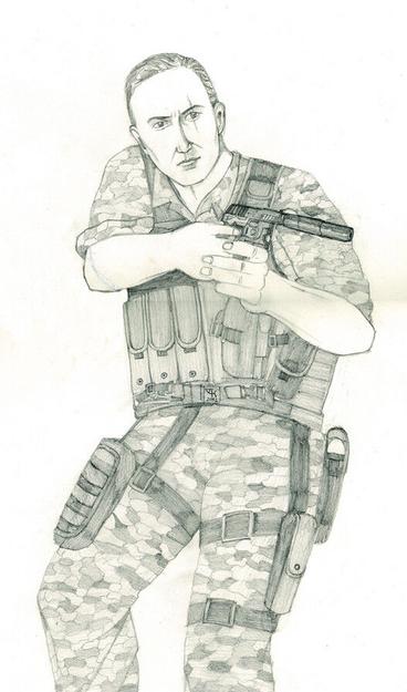 A man in a camouflage suit, with several military style details. He is holding a gun. Black and white pencil drawing.
