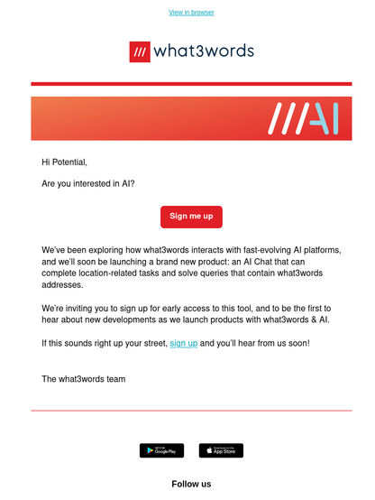 A marketing email from What3Words where they claim AI can work well with What3Words.