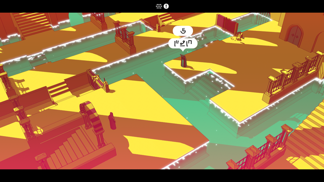 A screenshot from the Chants of Sennaar demo. The player character encounters a stranger in what seems to be a complex aqueduct facility, where turquoise water needs to be drained from the yellow-orange stone structures in order to clear a way to the door at the end.

The stranger speaks in a language the player doesn't understand, and it's up to the player to use the contexts of the glyphs displayed throughout the scenes to figure out their meaning.