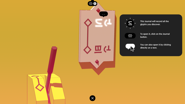 A screenshot from the Chants of Sennaar demo. This shows a close-up of a lever and a sign with two "labels" that represent the upright and lowered states of said lever.

Both labels feature two glyphs; one of which is shared between both labels. As this is a lever that opens and closes a door, it is easy to conclude that the common glyph means "door" and that the other two represent the open or closed states of it.