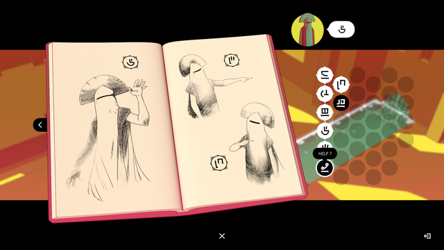 A screenshot from the Chants of Sennaar demo. Shown is a book with a series of illustrations of one of the devotees making different gestures. (Waving, pointing away from themselves, and pointing at themselves.)

At this point, it's up to the player to connect each illustration with a glyph, and if successful determine the meaning of those glyphs.

The player is also always free to attach a note to each glyph if they think they've figured out the meaning from context clues, but the true meaning is only locked in after completing one of these two-page spreads in the notebook.