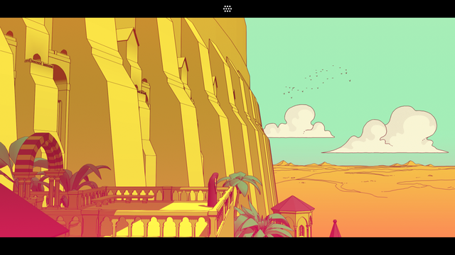 A screenshot from the Chants of Sennaar demo. This picture shows a view of the outside of the walled city the game seems to take place within.

The player character stands on a terrace with some green palm trees around it, with a the enormous yellow walls of the city taking up half of the screen space behind it. Further beyond the walls, on the right-hand side of the screen, you can see the orange-brown desert with a bluish-green sky and a couple of drifting clouds above. In the distance, a flock of birds fly across that sky.