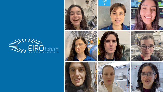 A collage featuring headshots of female scientists, set against backgrounds of their workplaces and laboratories. On the left, the EIROforum logo stands out on a blue background.