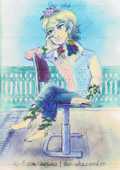 Feb 2025
Image: A digital watercolour original illustration of a young man with green ombré coloured shoulder-length hair sitting on a chair as he's pondering on something

His body is covered in: a type of lily on top of his head, red gladiolus and primary coloured roses embedded on his neck and a bunch of green stems and leaves embedded on his arms and thorny vines wrapped around his legs