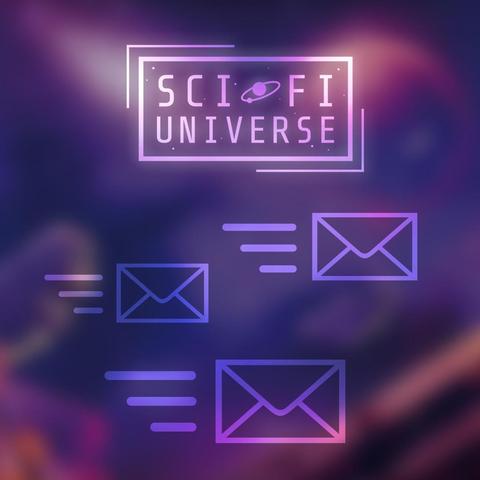 L'immagine mostra il testo "SCI FI UNIVERSE" in un riquadro rettangolare. Sotto il testo ci sono tre icone stilizzate di buste con linee orizzontali a sinistra, che suggeriscono movimento o spedizione. Lo sfondo è sfumato nei toni del viola e del blu, creando un'atmosfera futuristica o spaziale.