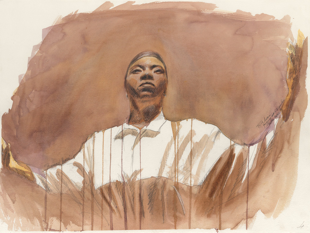 A watercolor, palette of browns and white, depicting a black woman (from just below the bust and up) wearing a white garment and a dark skullcap(?). Her arms are stretched out and she looks up. The perspective of the viewer is slightly down and looking up.