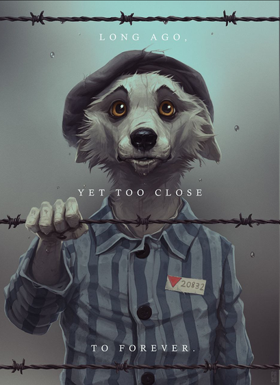 Anthropomorphic dog character behind barbed wire. They're wearing 1930's prisoners garb and a badge with a pink triangle. They are prisoner in a german death camp. Caption: Long ago, yet too close to forever.