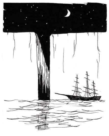 A drawing in pen and ink and marker, showing a tall cliff of ice under a night sky, towering over rough ocean waters. Off center to the left, there is a chasm cut vertically through the ice, extending far enough back that it goes out of sight. In the foreground is a sailing ship with its sails down. At the height of the mast, it is less than half the height of the ice wall.
