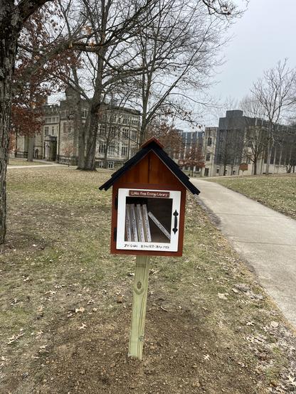 A small (14" x 30") painted hut with a clear door with a white frame. Books (see prior photo for description) visible through the door. At the top of the door is a small brown plaque with the text "Little Free Energy Library" written in white paint. At the bottom of the door frame is text reading "J. W. Gibbs     11 Feb. 1839 - 28 Apr. 1903". A paved sidewalk stretches from the lower right corner to the middle, moving towards a group of relatively large 3-4 story academic buildings in a mix of modern and Gothic revival. The sky is a relatively undifferentiated overcast grey