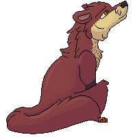 A pixel of a Reddish Pine Marten with yellow throat and Ash sock markings.  He's sitting facing right corner away from the viewer.