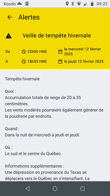 Capture d'écran d'une appli météo annonçant une veille de tempête hivernale, avec accumulation estimée de 20 à 35 cm de neige.