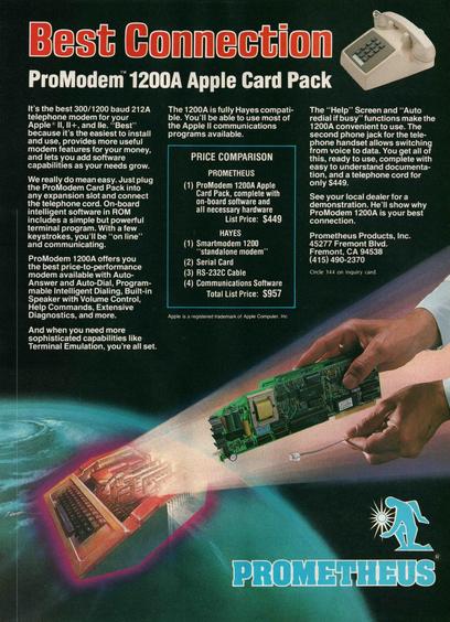 A vintage advertisement for the ProModem 1200A Apple Card Pack by Prometheus, designed for Apple II, II+, and IIe computers. The ad highlights the modem's ease of installation, built-in intelligent software, and features such as Auto-Answer, Auto-Dial, and a built-in speaker with volume control. The modem is Hayes-compatible and priced at $449, significantly cheaper than a comparable setup from Hayes at $957. The advertisement features a futuristic illustration of an Apple computer projecting the modem into space, reinforcing the "Best Connection" theme. The Prometheus logo, featuring a stylized figure holding a torch, is displayed at the bottom
