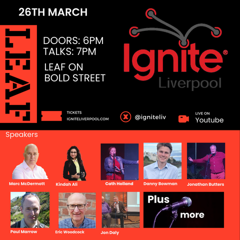 The mainly black and red image represents details some of our speakers along with their faces and names.