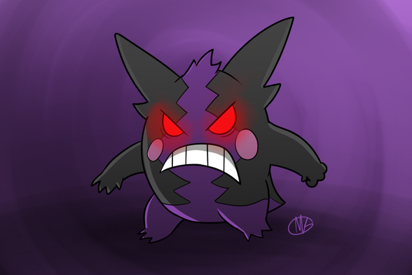 The Pokemon Gengar recolored to match the coloring of the Pokémon Morpeko in "Hangry Form". So the sides of Gengar are now black with a zig zag pattern of purple through the middle. Gengar's pupils are gone and now has glowing red eyes. His signature grin is now a toothy frown. There are pink circles on his cheeks.