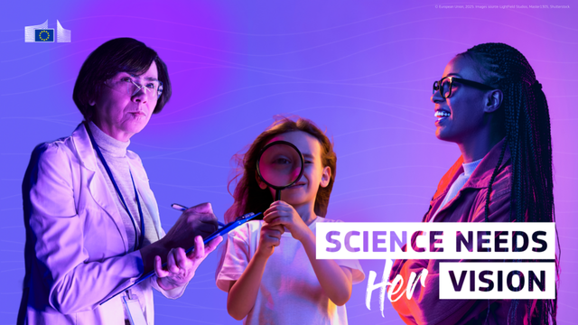 Three generations of women scientists and the text reads: Science needs HER vision