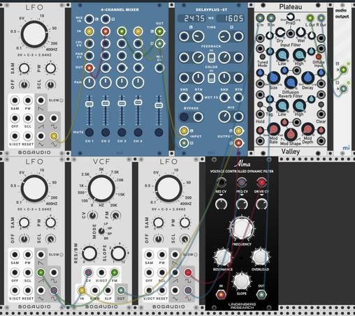 Screenshot of MiRack software modular layout consisting of 3 LFO's, a 4 channel mixer, a delay, a reverb module, and 2 VCF modules. Coloured cables connect the modules. Lots of dials and sliders with different colours.