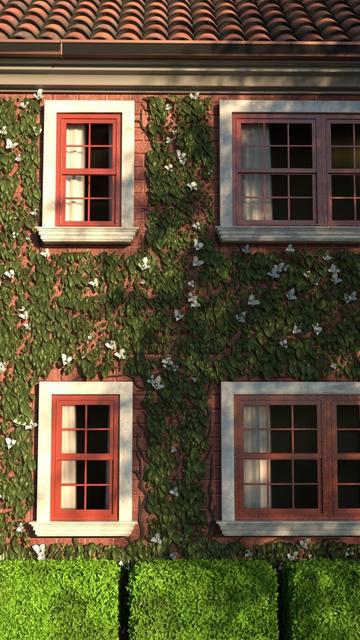 The side of a two-story tuscan villa, covered in ivy.