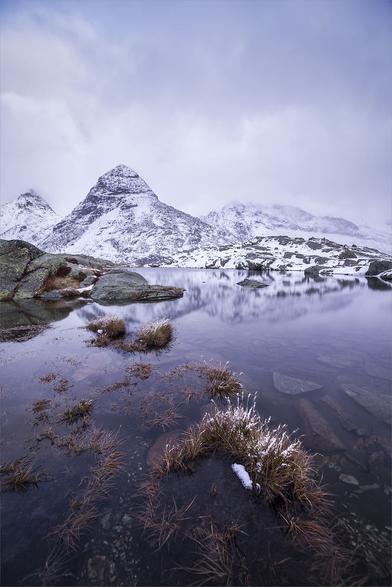 Photo d'un paysage de montagne.
Au premier plan on voit un petit lac d'où émergent des touffes d'herbe roussie, parfois saupoudrées de neige.
Au bout du lac des montagnes saupoudrées de neige se dressent, certaines ont le sommet dans le brouillard. 
Le ciel est nuageux.
-
Photo of a mountain landscape.
In the foreground we see a small lake from which emerge tufts of scorched grass, sometimes sprinkled with snow.
At the end of the lake, snow-dusted mountains rise up, some with foggy summits. 
The sky is cloudy.
