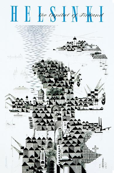 HELSINKI BY ERIK BRUUN. Helsinki reaching out towards the sea, mostly made out of black triangles.