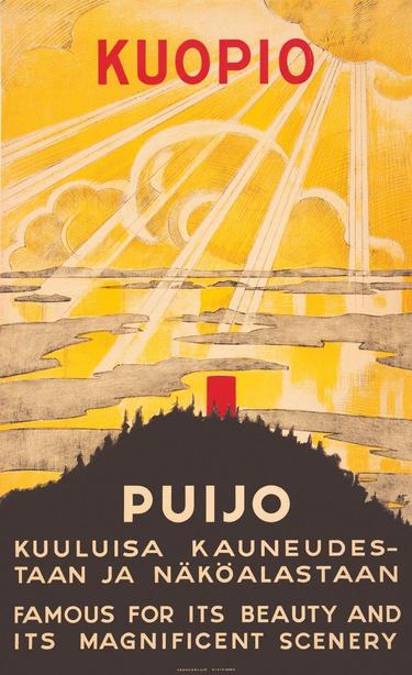 KUOPIO-PUIJO, famous for its beauty and its magnificent scenery. 

Dark hill with vast yellow lakelands behind it. Also a red rectangle that’s probably a reflection of… something. I don’t know. Artist unknown.