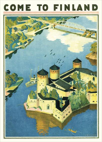 OLAVINLINNA BY VÄINÖ BLOMSTEDT. Castle on an island in a strait. Ship and boat passing by. Railway bridge further away.