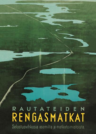 RAUTATEIDEN RENGASMATKAT by AUKUSTI TUHKA. 

Lakes, rivers and woodland trailing off towards the horizon, split by a road. A couple of tiny Finnish cottages with smoke trails rising from their saunas.