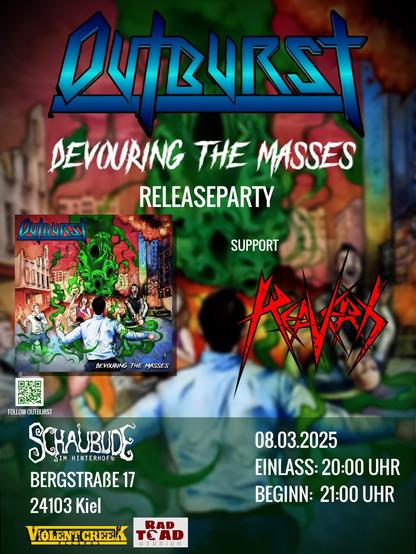 Flyer zur Devouring the Masses Release Party von Outbursts am 08.03.2025 in Kiel