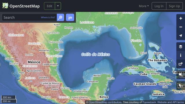 Captura de pantalla del Golfo de México en OpenStreetMaps