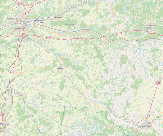 Même vue de la D943, sur OpenStreetMap. Les routes principales sont en couleur orange pas très visibles, seule Loches est indiquée comme ville intermédiaire. Mais la hiérarchie est respectée, la  D943 Tours -Châteauroux est bien considérée comme une route principale.