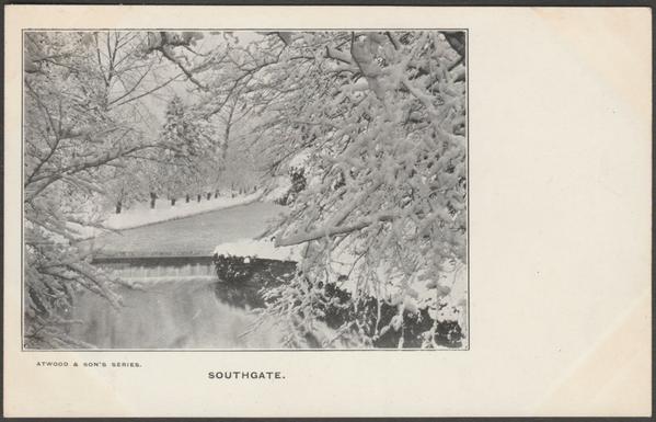 Printed monochrome postcard showing a view of the weir and woods in the snow at Southgate in Middlesex, on the outskirts of London.
Atwood & Son's Series, not numbered, c.1905.
Postally unused.
Very good condition, with very slight corner bumps and light album marks.