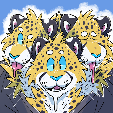 Art of Kit, Tai & Ike as a three-headed slime cheetah. Kit is winking with a blep (goop dripping off his tongue), Tai is looking straight at the viewer and smiling with his chin dripping down, and Ike is sleeping with slime drooling out of his open mouth.