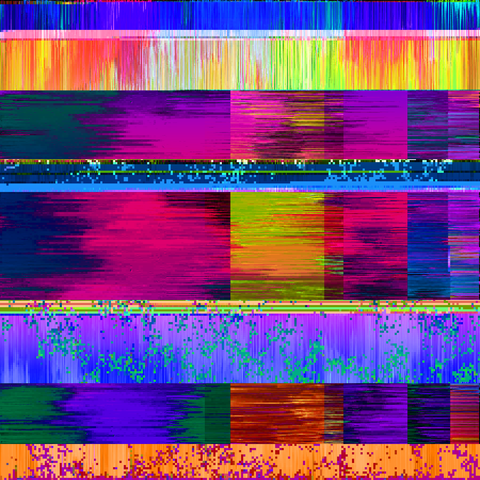 Grid pattern with several rows that have horizontal or vertical pixel sorting in the background and little static blips in the foreground