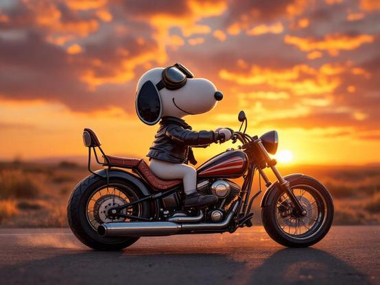 Snoopy riding a motorbike into the sunset.

Prompt for Le Chat (Mistral): Generate an image of the dog Snoopy riding a motorbike into the sunset.