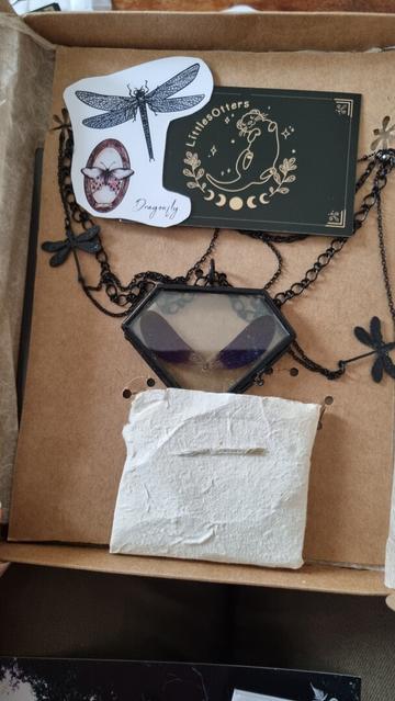 The packaging box of a necklace with a glass pendant showcasing 2 dragonfly wings and black dragonfly charms on the sides and a cascade of black chains. There are dragonfly and butterfly stickers on top and the business card from their maker (LittlesOtters).
❉
Le coffret d'emballage d'un collier avec un pendentif en verre mettant en valeur 2 ailes de libellule et des breloques libellules noires sur les côtés et une cascade de chaînes noires. Il y a des autocollants libellules et papillons sur le dessus ainsi que la carte de visite de leur fabricante (LittlesOtters).