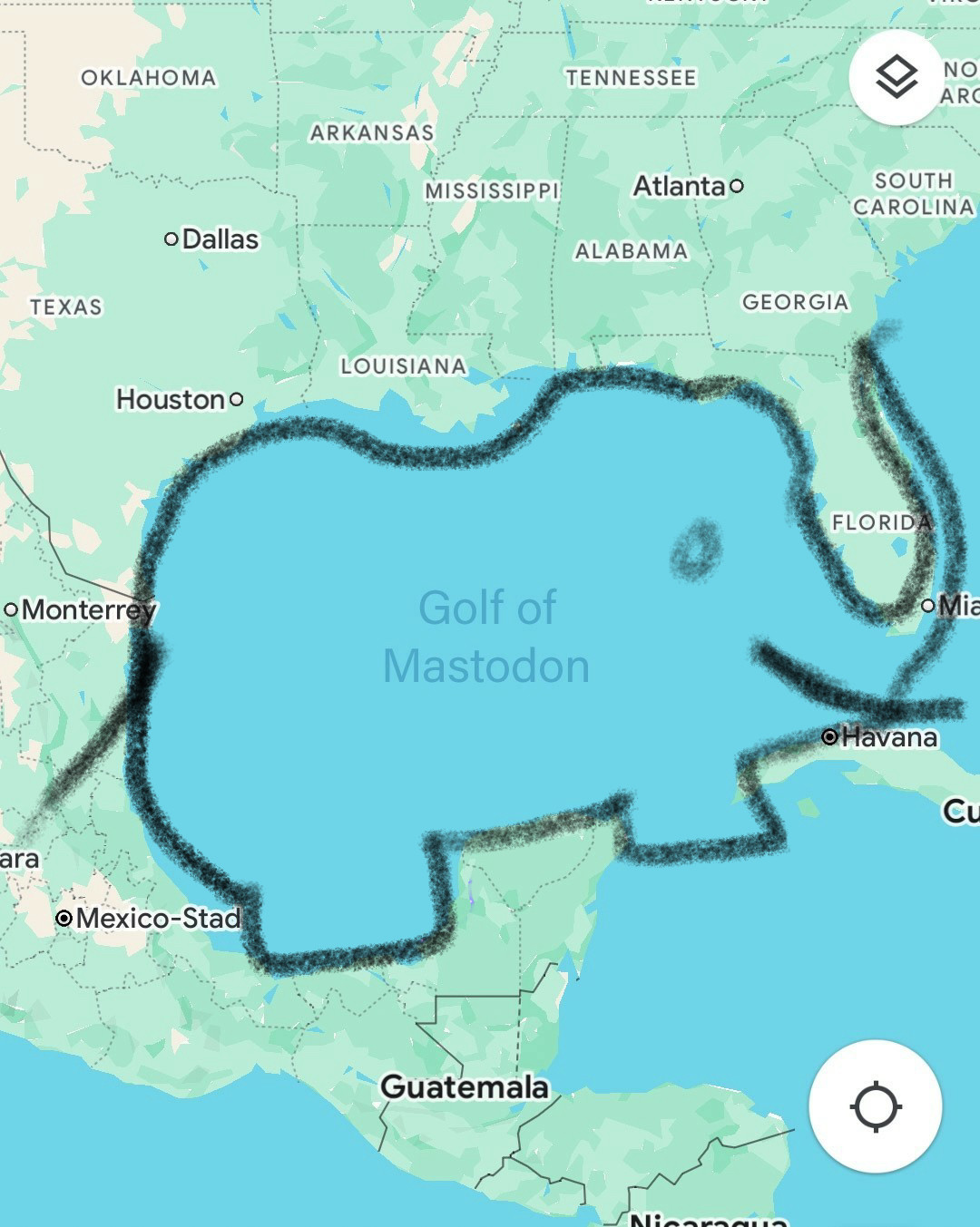 Black borders around the Gulf of Mastodon show an elephant.